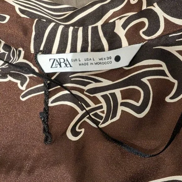 Zara Satin Brown Black Floral Wrap Midi Shirt Dress 9445/853 - Picture 2 of 5